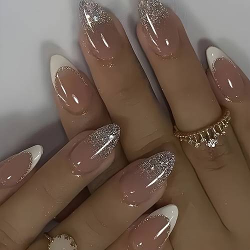 24pcs medium almond shape press on nails nude shimmer ombre with dot matte nail file accessory gel