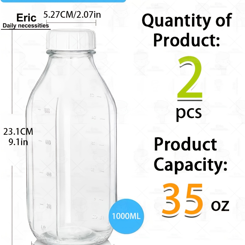 2pcs, 1000ml/ Measuring Milk Coffee Smoothie Bottle, Multiple Sizes , Reusable, Portable With Lid Design. Perfect For Home Or Office Use, A Great Gift For