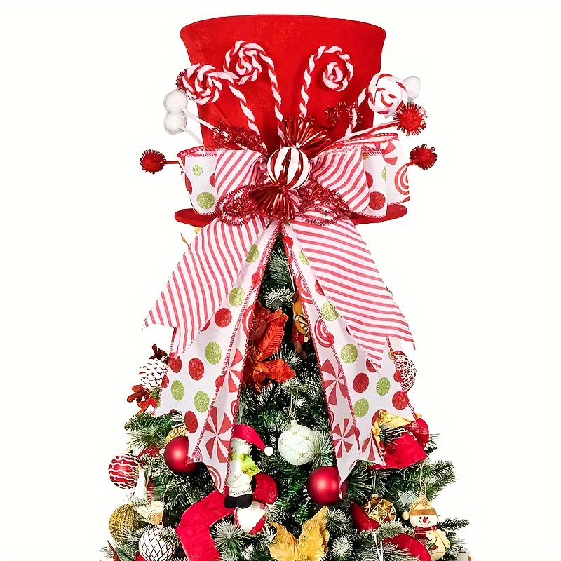 TEMU 1pc Classic Hat With Candy Stick Bow Ribbon Trim - Polyester Red Top Hat For Tree Or Table Top Decorations, Featherless, Seasonal Accessories