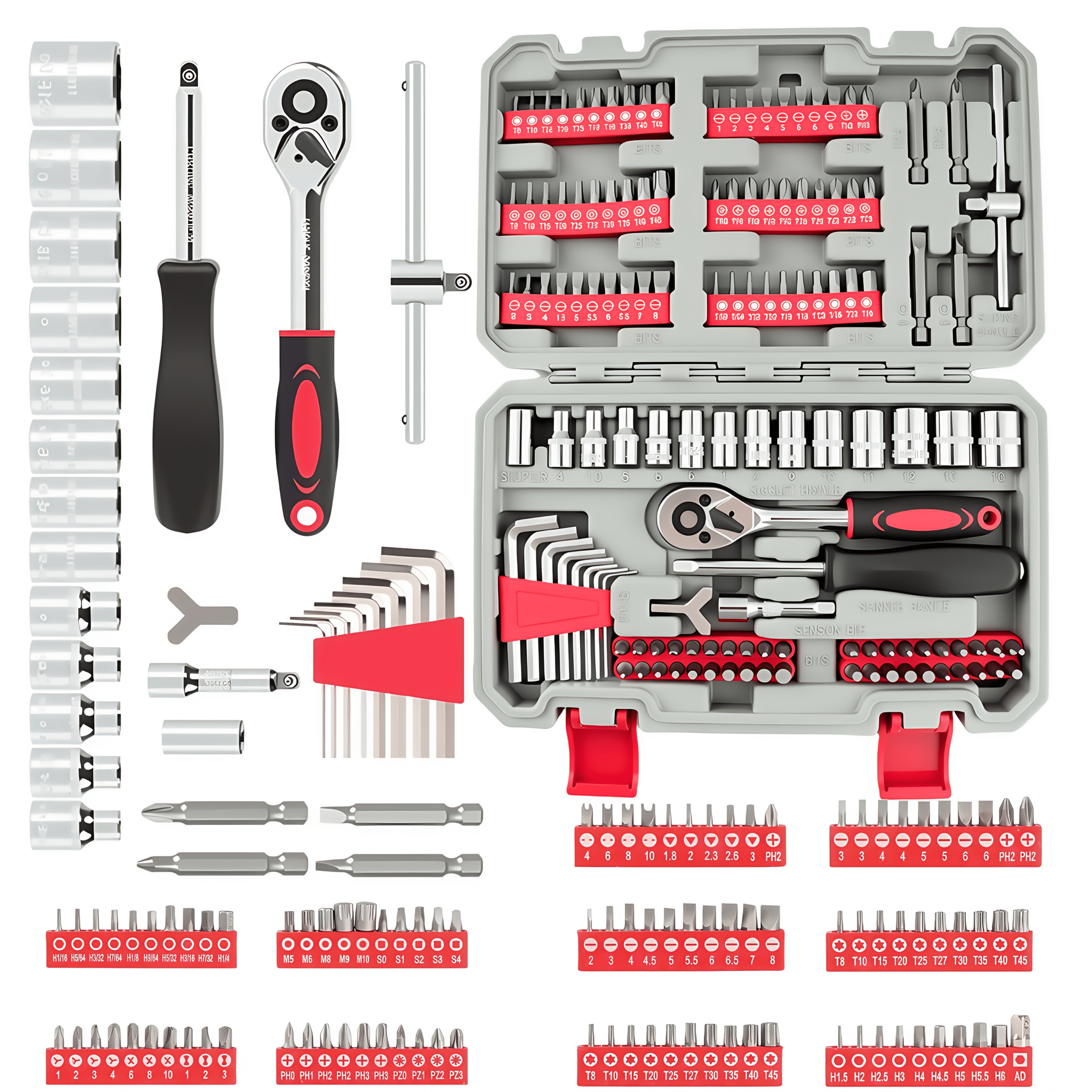 E-shop 131-teiliges Handwerkzeug-Set für Heimreparaturen – Reparatur-Werkzeugset mit Antriebsgriff, Inbusschlüssel, Schraubendreher Bohrern, speziell