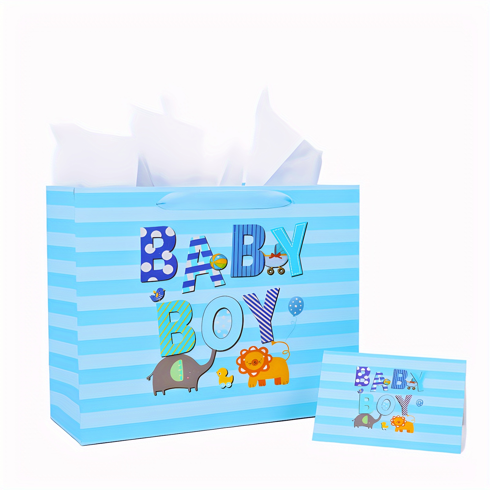 Image of Baby Shower Gift Bag, Baby Baptism And Bathing Gift Bag, Newborn, Birthday Gift Bag, 13-inch Large Gift Bag, Cartoon Animal Elephant And , With 1pc Greeting Card