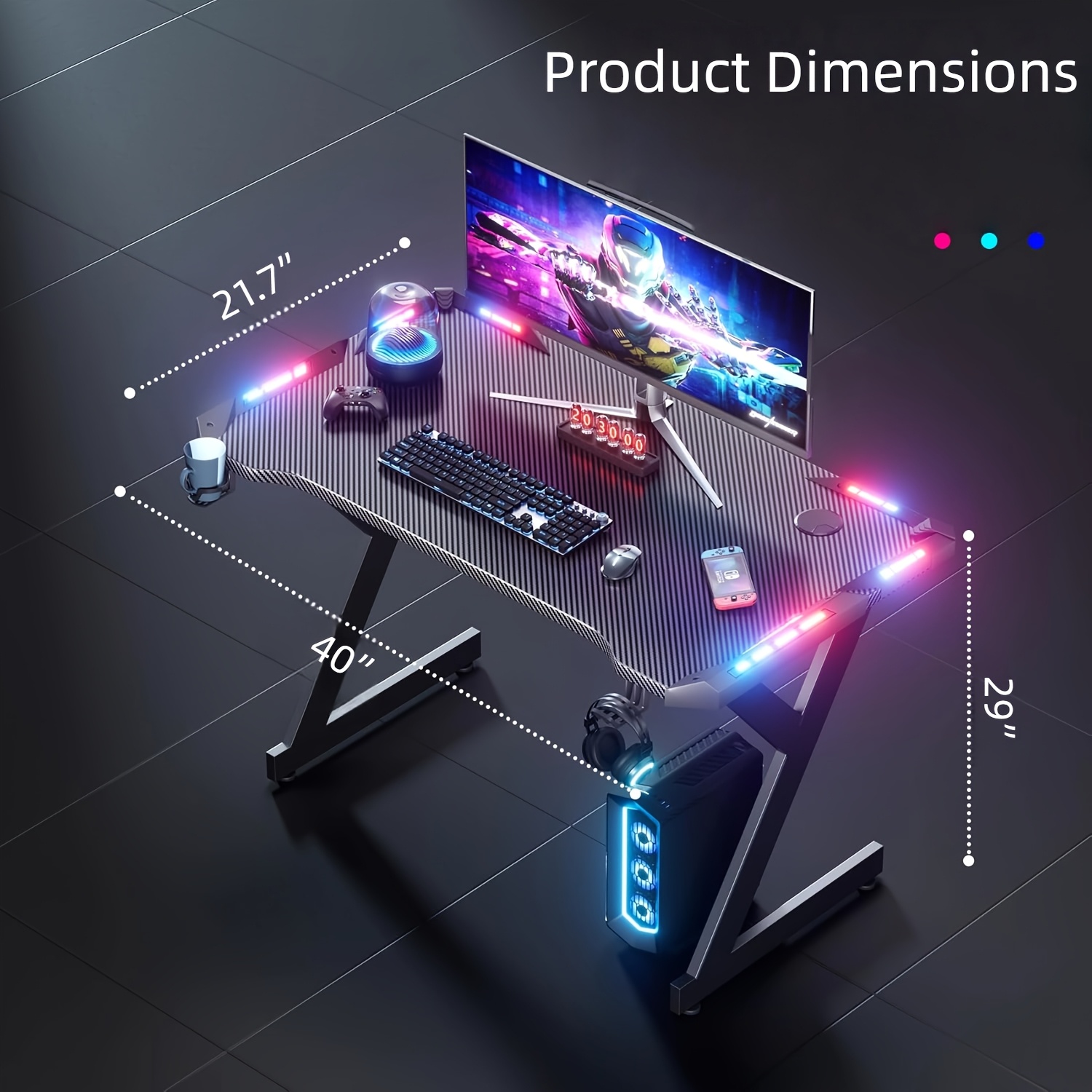 TEMU FRODROVIA Bureau de Jeu 40 Pouces avec Éclairage LED, Table Ergonomique en Fibre de Carbone pour Gamer Office, Porte-Gobelet & Crochet Casque -