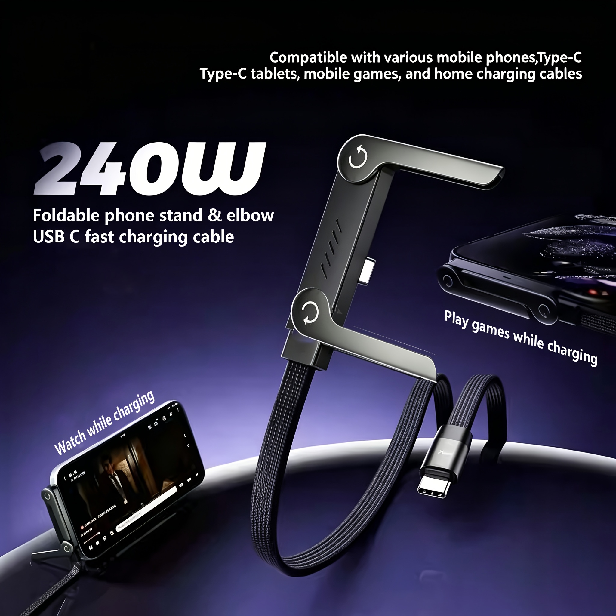 240w usb c fast charging cable with foldable phone stand 360 elbow nylon braided type c cord for gaming compatible with iphone 17 16 15 pro samsung s26 s25 s24 macbook ipad pro