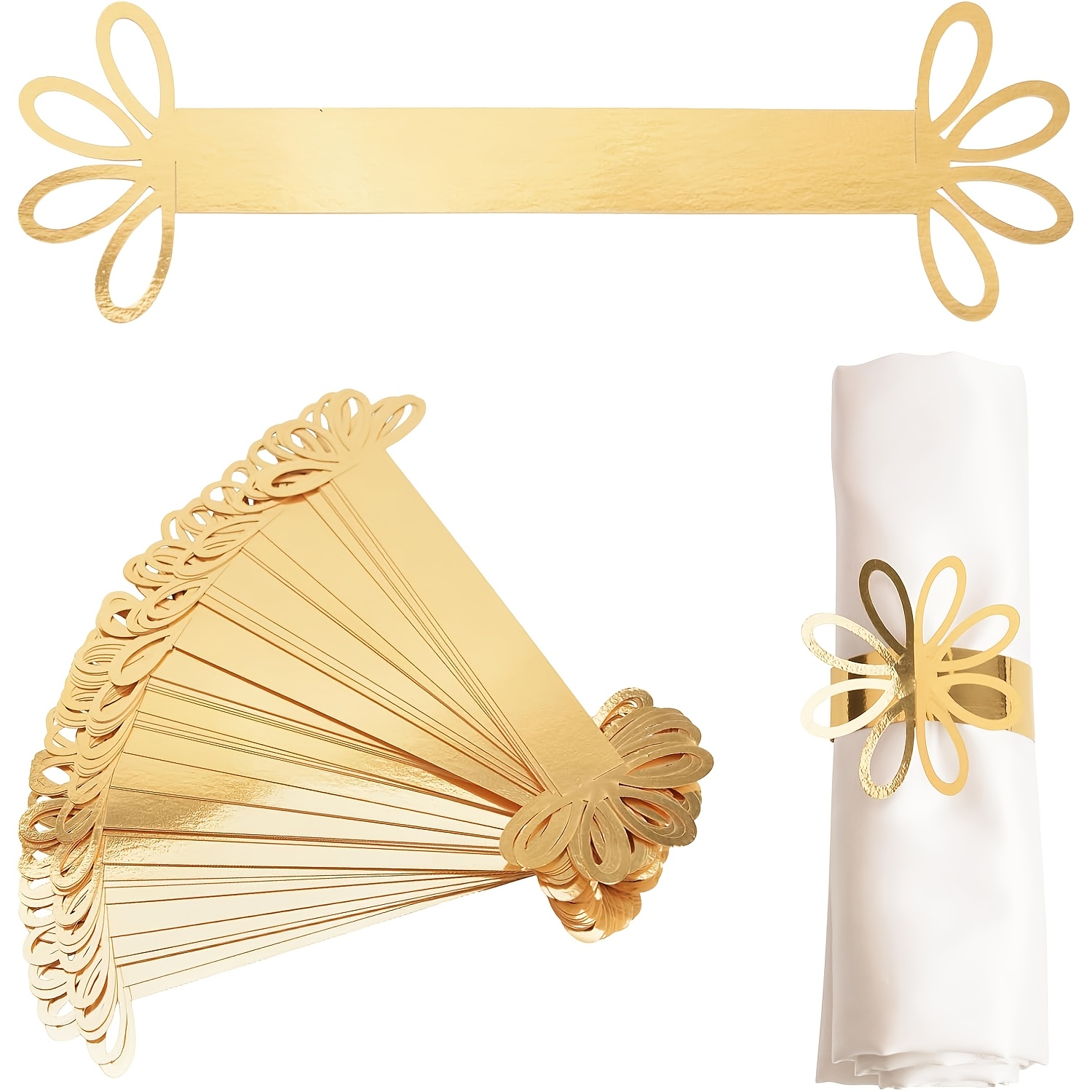 TEMU 40pcs Golden Reflective Napkin Holder Rings Suitable For Wedding, Dinner Party Table Decor - Shiny Paper Napkin Rings With Buckles, Flower