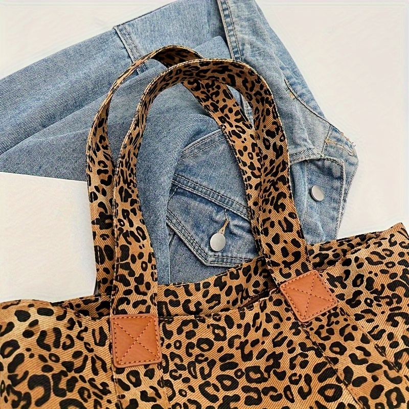 chic leopard print canvas tote bag for women spacious shoulder handbag with zip closure nylon lined details 4
