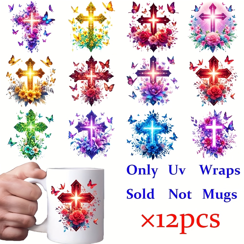 

12pcs Flowers And Diy Coffee Cup Stickers - Uv Dtf Self-adhesive Vinyl Decals, Faith Pattern