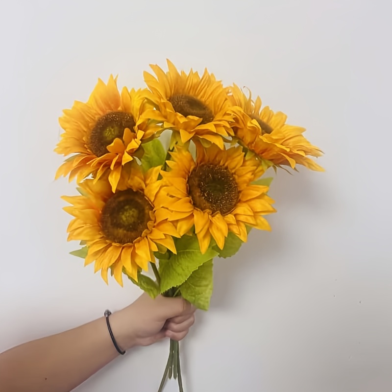 Image of 5pcs Real Touch Artificial Sunflowers, Spring Decorative Fake Flowers, Sunflowers For Thanksgiving Day. Perfect For Home, Kitchen, Office, Wedding Bouquets And Floral Arrangement Decorations.