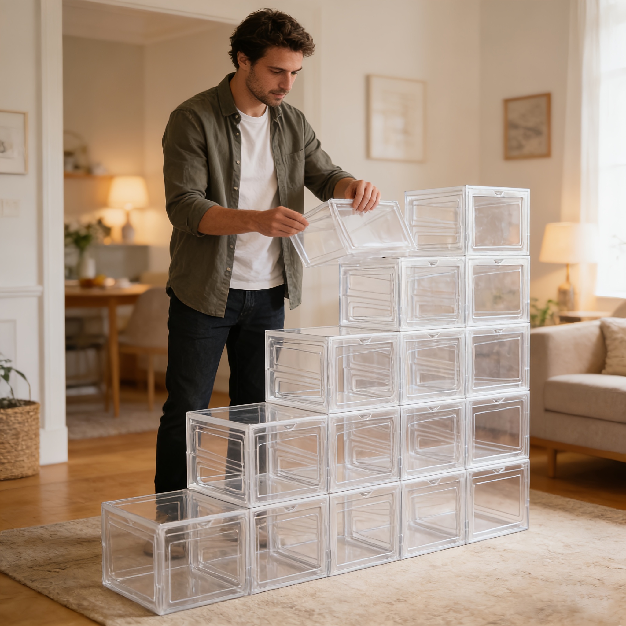 12 Stackable Shoe Boxes, Shoe Storage Drawers, Foldable And , , Space- Shoe Cabinet