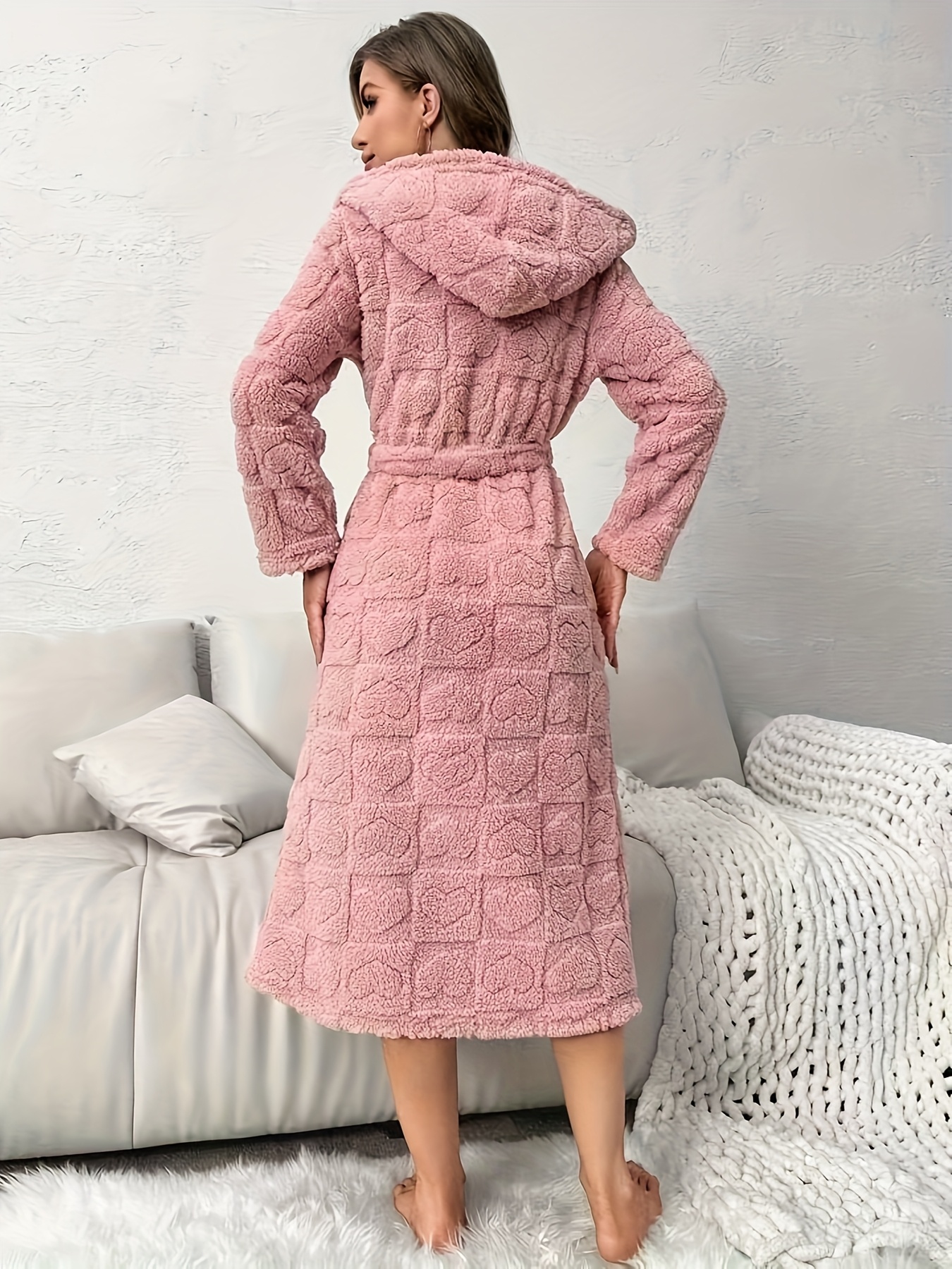 Women's Heart-Patterned Autumn/Winter Long-Sleeve Long Fuzzy Robe