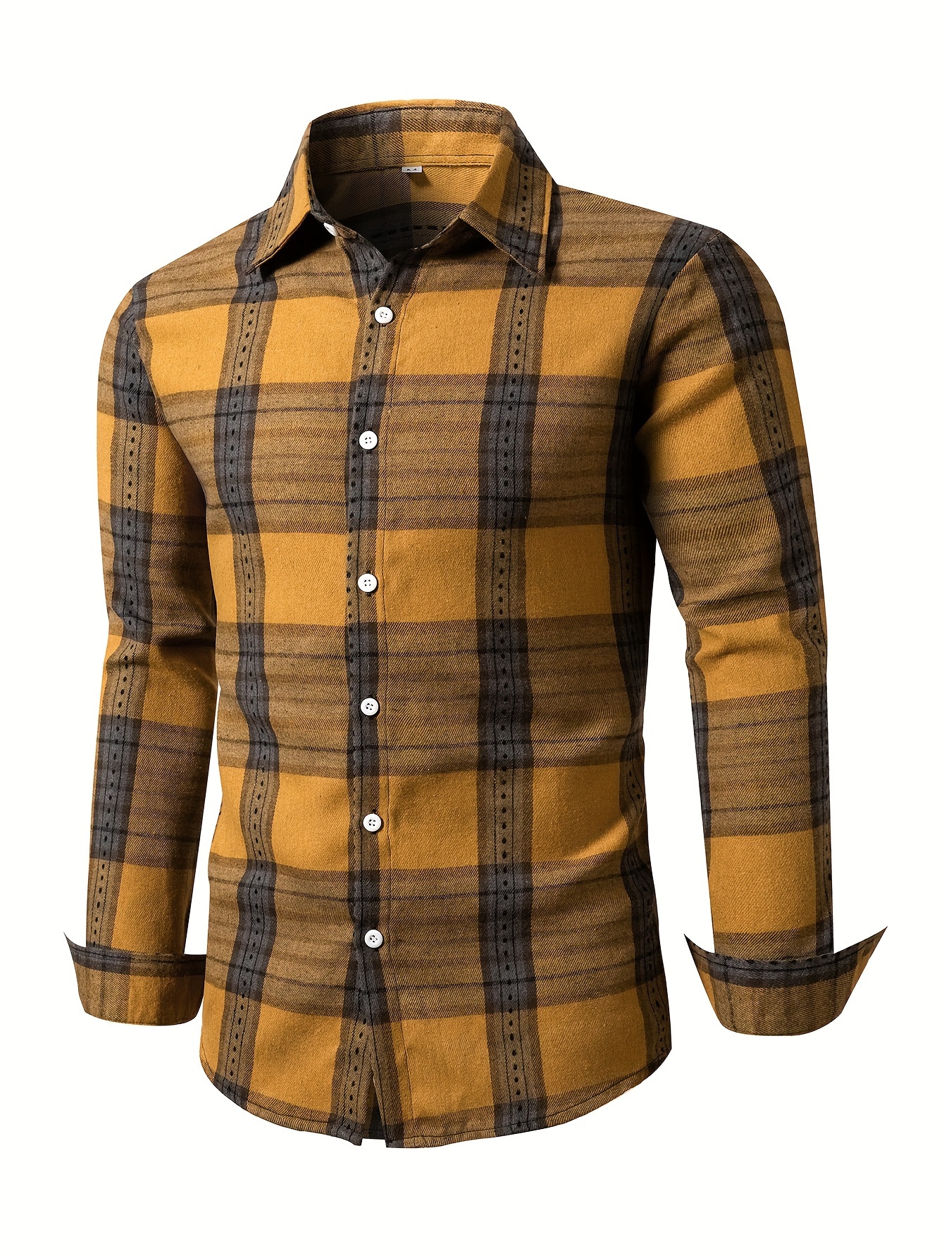 Yellow Classic Men's Plaid Long Sleeve Shirt - Casual Button-Up Top in Yellow & Brown