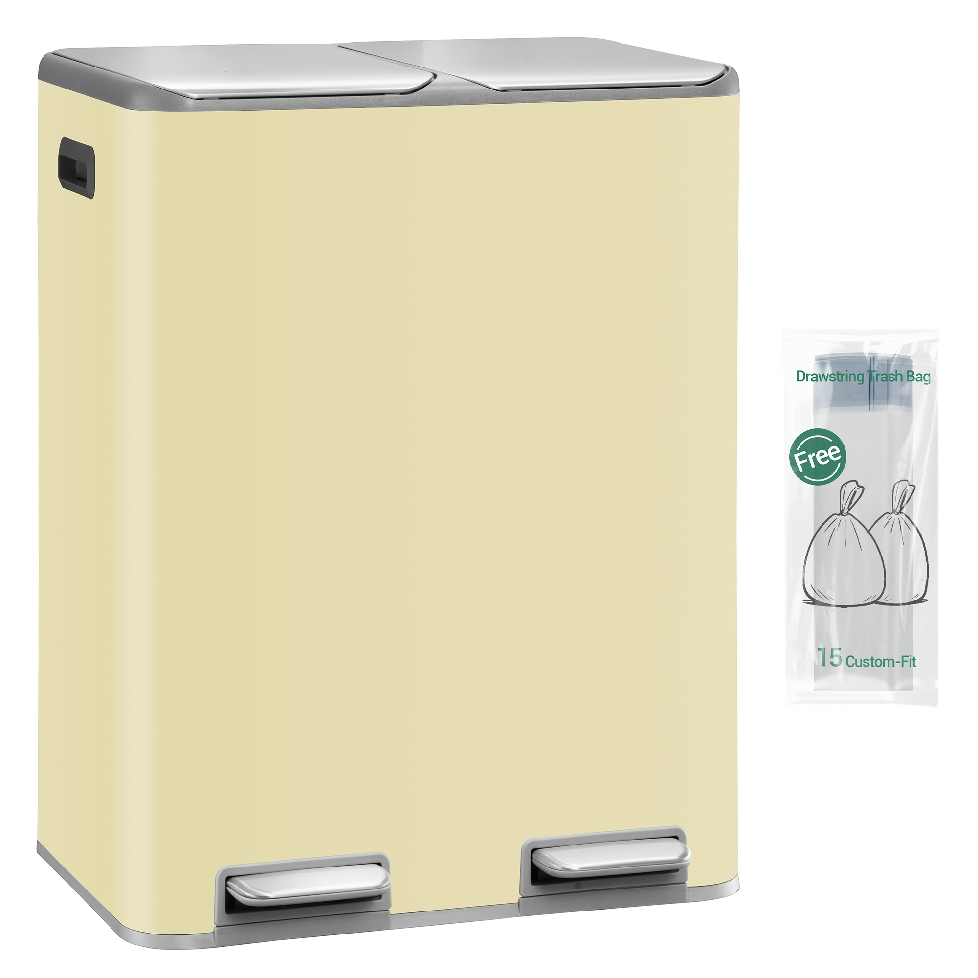 Kitchen Rubbish Bin, Waste System, 2 Compartments, 60l (2 X 30l), Stainless Steel Kitchen Rubbish Bin, Pedal Bin, Quiet Slow , With 15 Waste Bags