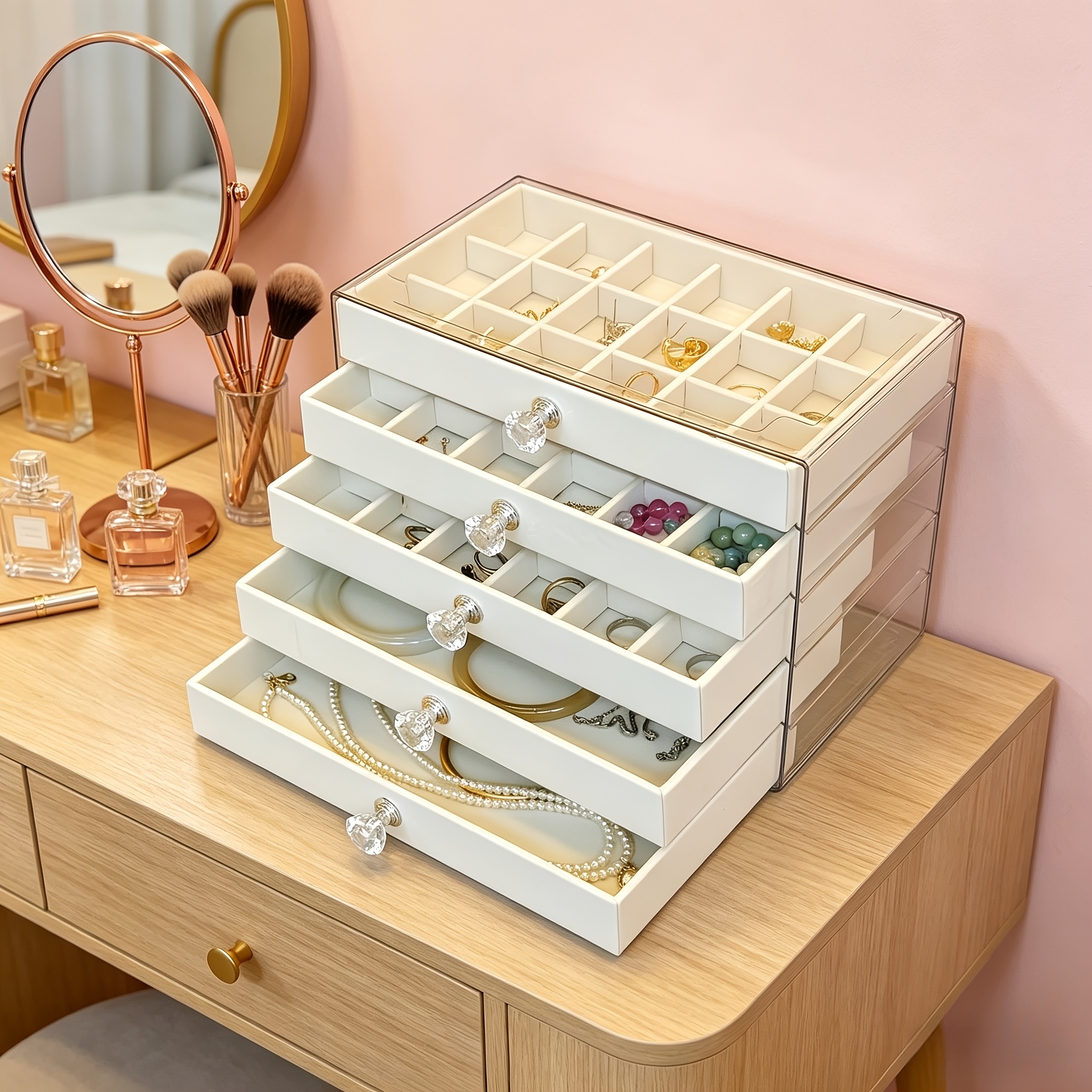 TEMU 5-layer Transparent Acrylic Jewelry Organizer Box With 5 Drawers, Dustproof Sealed Velvet Lined Storage Case For Earrings Rings Necklaces, Large