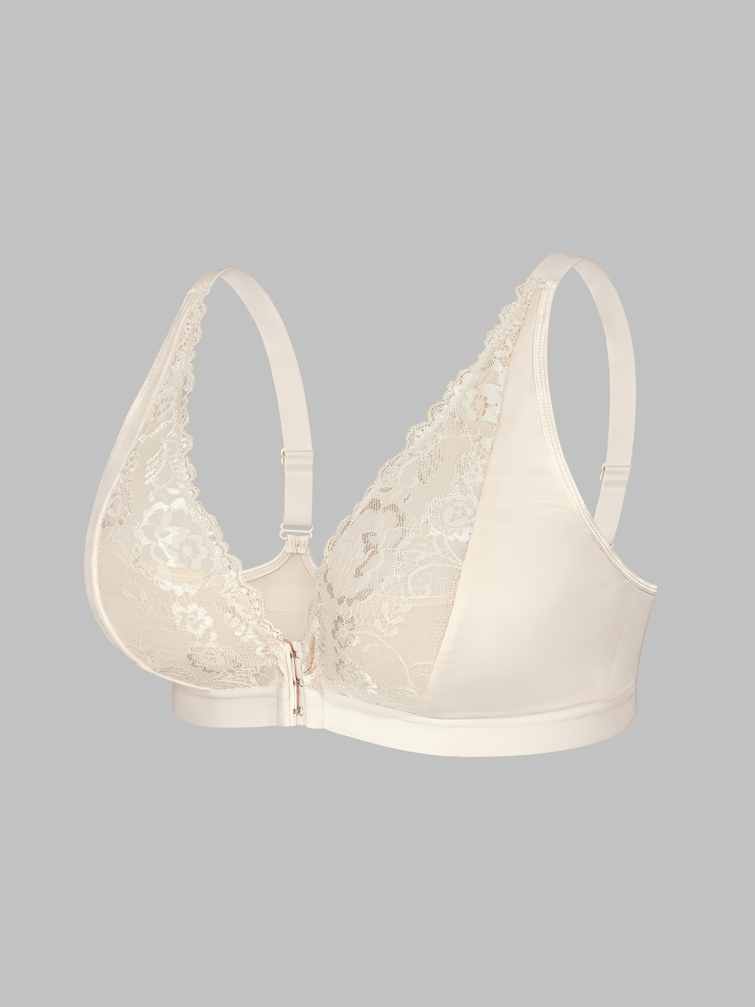 Women'S Plus Size Lace Front Closure Bra, Sexy Deep V-Neck Solid Color with Wide Straps, Comfortable Breathable Polyester Knit Fabric Bra with Contrast Lace Detail, No Padding - Medium Stretch