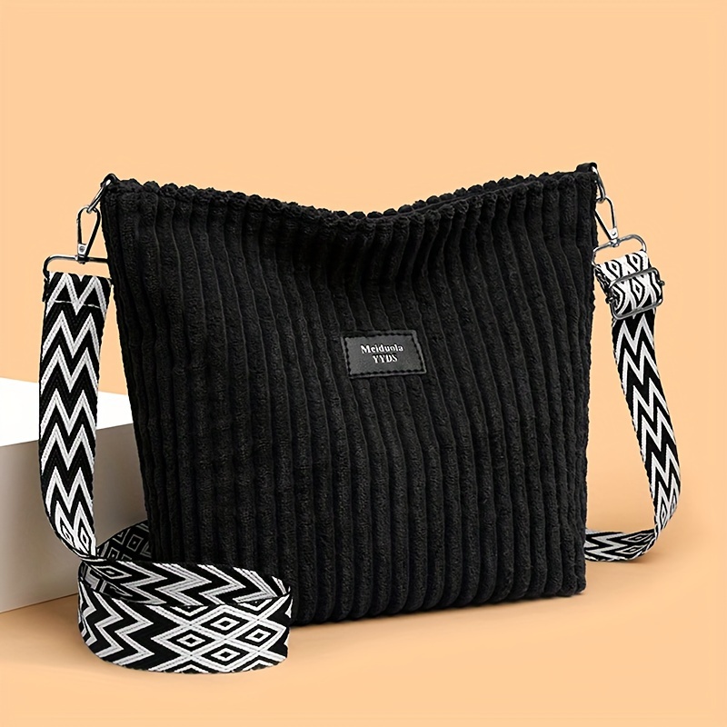 Women's Corduroy Crossbody Bag With Adjustable Strap & Zipper Closure - Corduroy Upper &, Casual Striped Handbag Suitable For Daily , Shopping, - ///