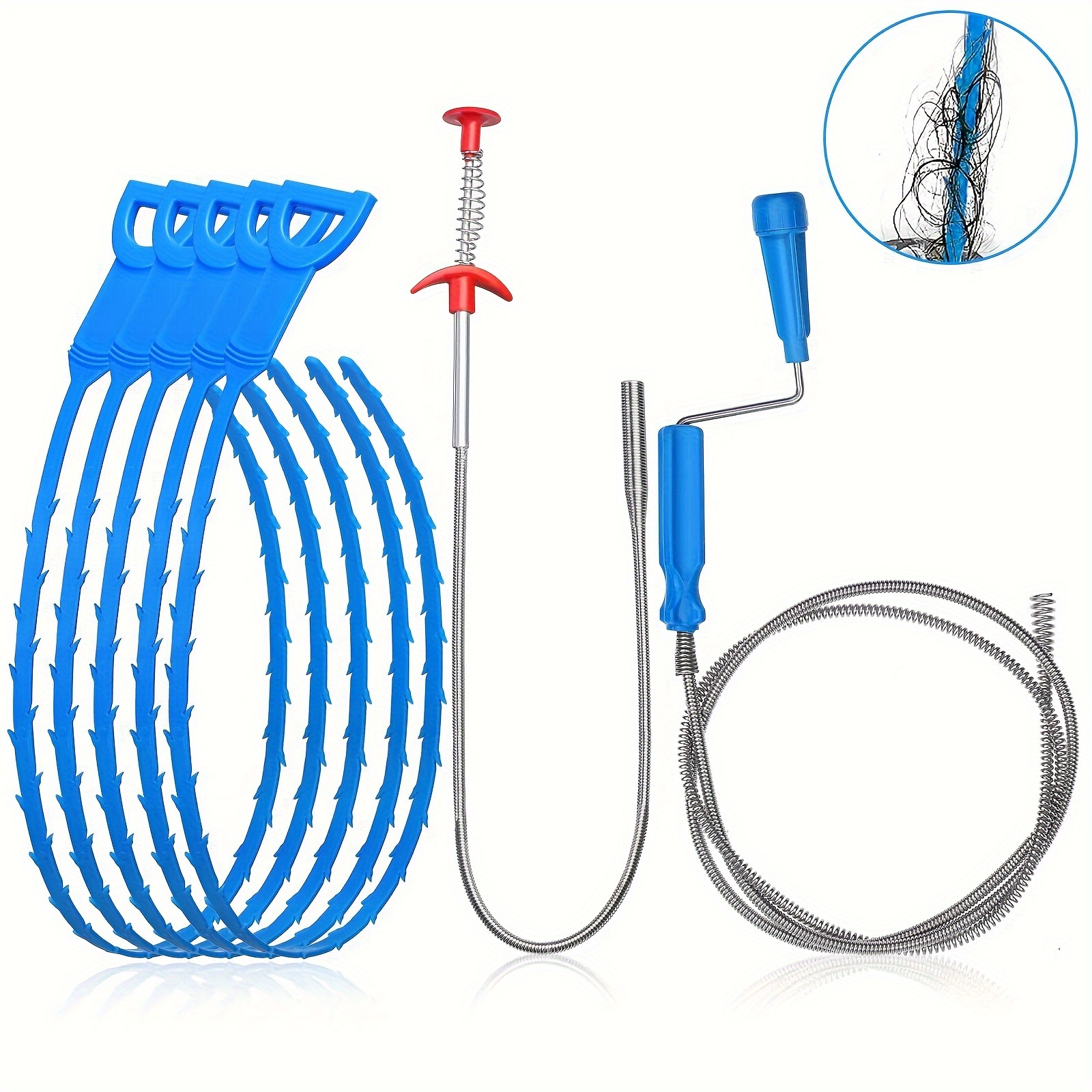 

7 In 1 Drain Snake Kit, 5pcs 24inch Hair Drain Clog Remover, 24inch Stainless Steel And 51.18inch Drain Cleaning Brush, Drain Unclogger For Sink, Bathtub And Kitchen Tube (blue)