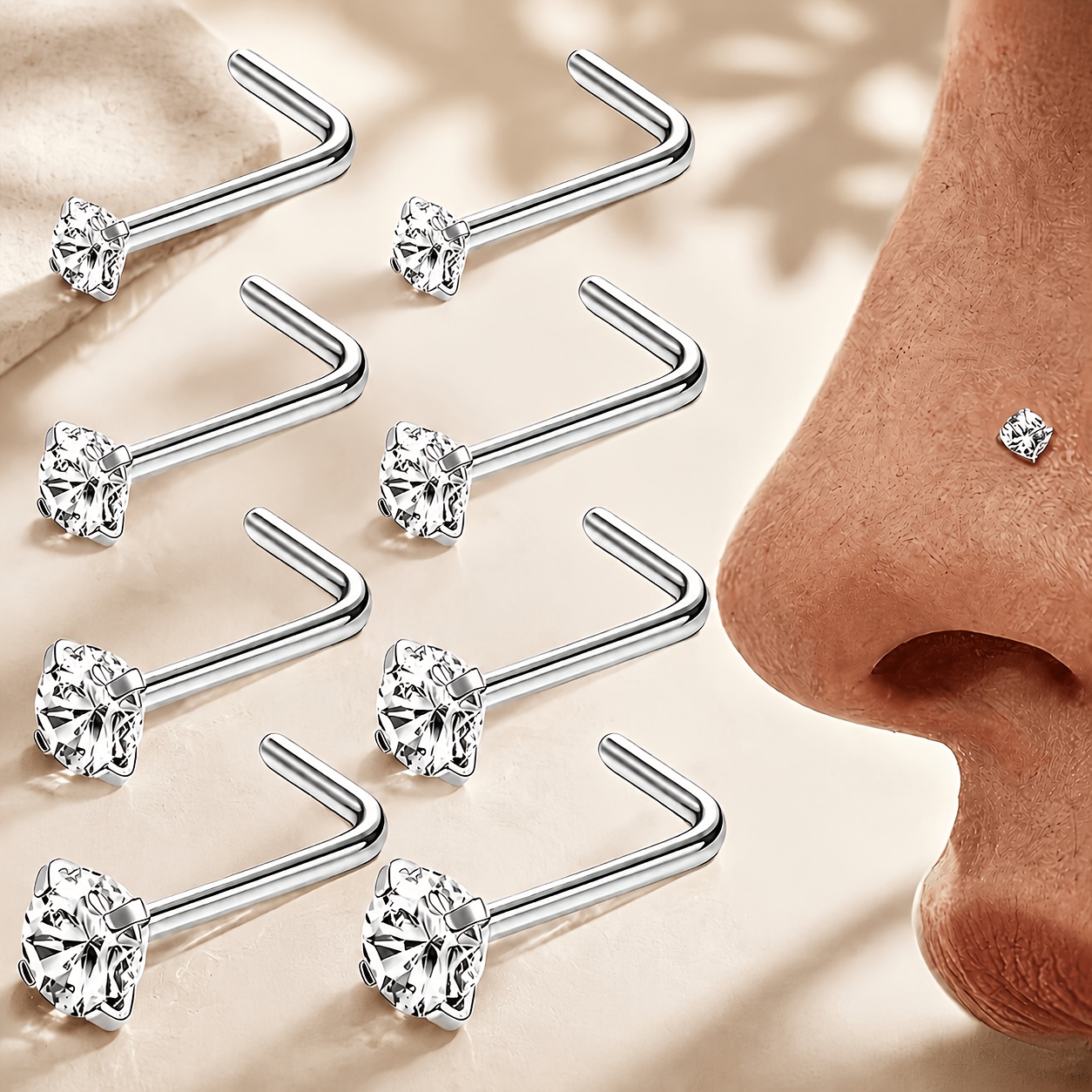 TEMU 8pcs Mini Exquisite Steel Nose Stud Set, Round Cubic Synthetic Zirconia In 1.5/2/2.5/3mm, 20g L-shaped Hypoallergenic Nose Piercing Jewelry.