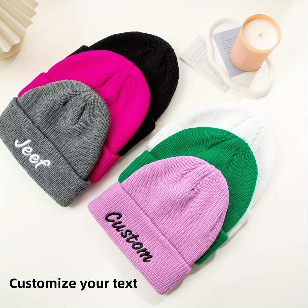 

Custom Embroidered Text Beanie - Acrylic Knit Skullies & Beanies With Personalized , High Stretch Fabric, Machine Washable, Charm Style Warm Hat For