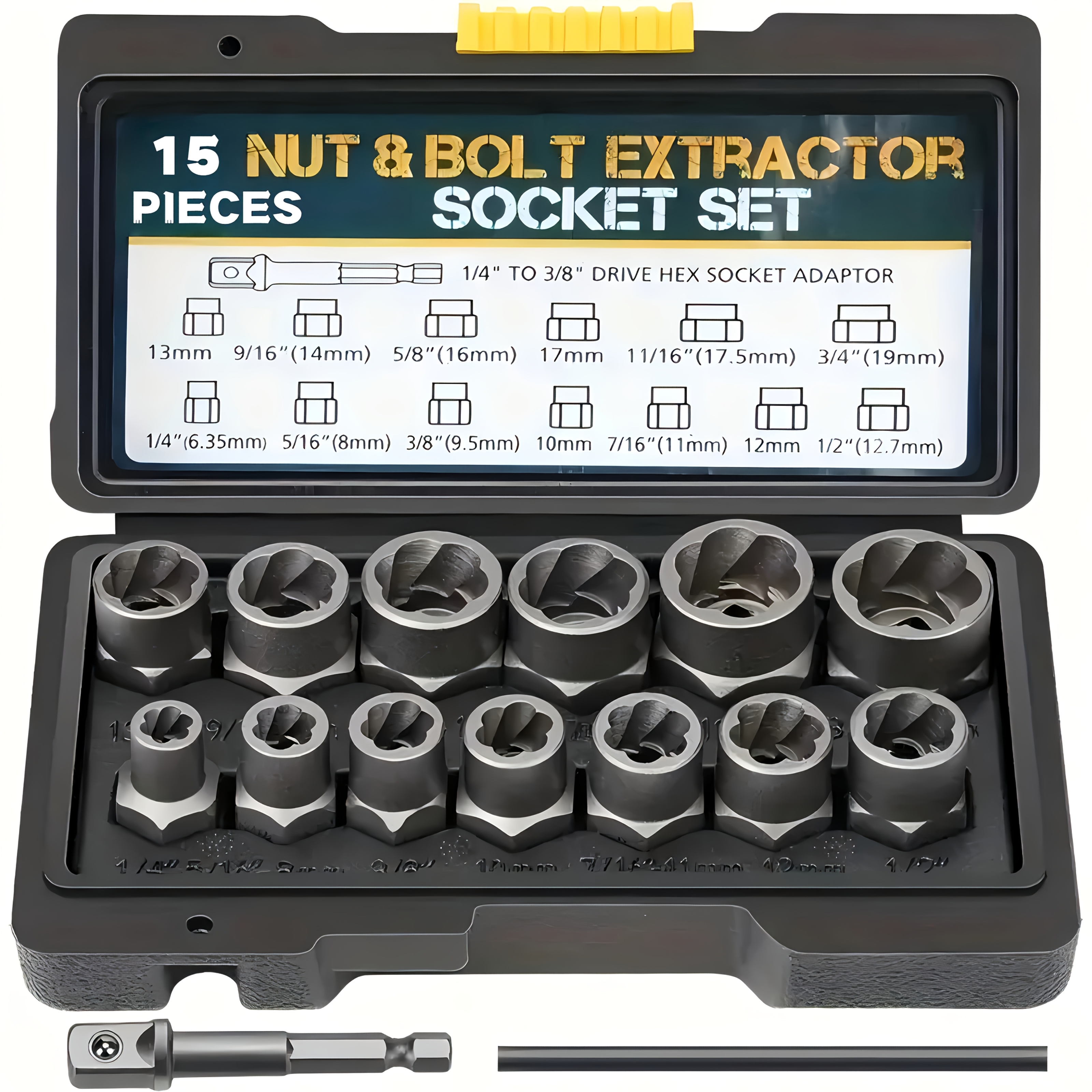 TEMU Extracteur d'écrous 15pcs, un extracteur de boulons et d'écrous, une barre, un adaptateur de douille hexagonale de 1/4" à 3/8" (Si l'écrou est
