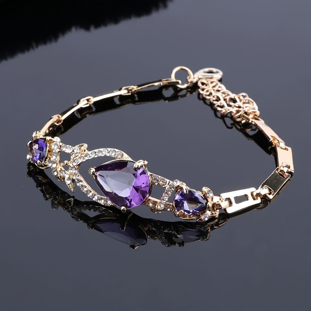 1 set elegant luxury synthetic zirconia jewelry purple teardrop pendant alloy golden   birthstone ramadan holiday theme for wedding party necklace bracelet earrings ring details 9