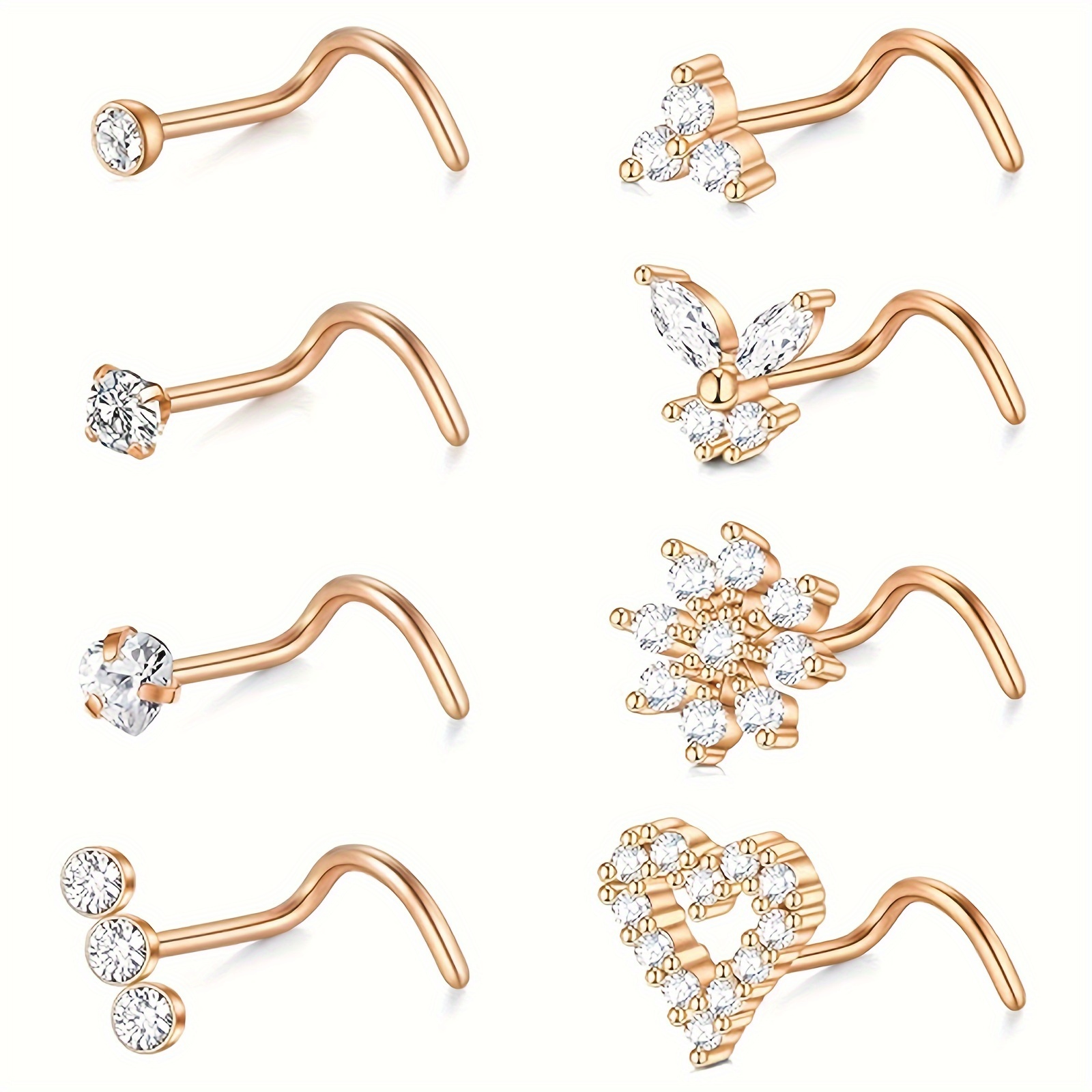 TEMU 8pcs Nose Studs Nose Rings For Women 18g Corkscrew Nose Ring Stainless Steel Nose Screw Studs Nose Rings Studs Surgical Steel Nostril Nose