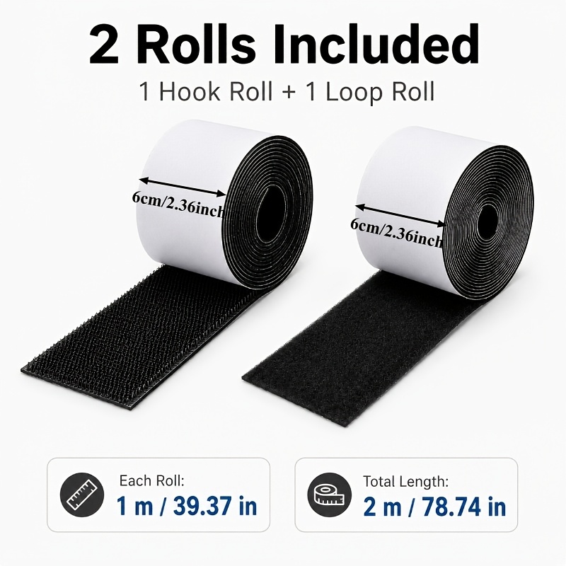 TEMU A Set Of 2 Rolls Of Extra-wide 2.36inch*78.74inch Heavy-duty Self-adhesive Hook And Loop Fasteners, With Strong Bonding, In Black And White -