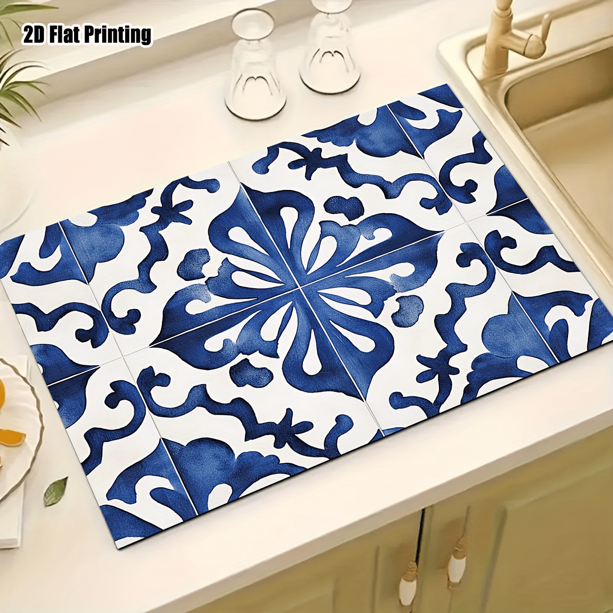 TEMU 1pc Diatomite Blue And White Ceramic Coffee Machine Mat - Absorbent, Non-slip, Polyester Countertop Protector, Suitable For Espresso Machines,