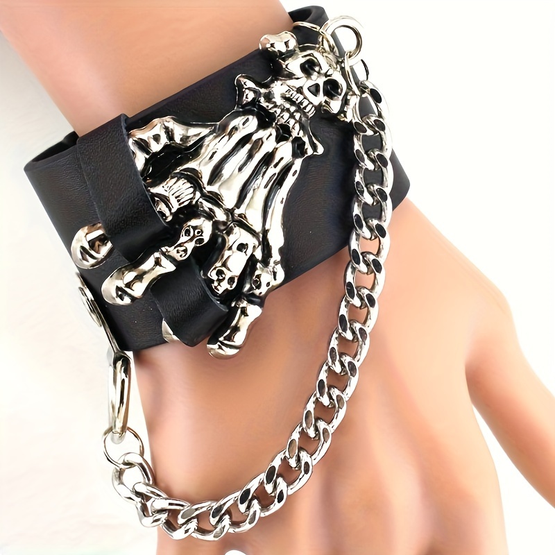 

Gothic Punk Style Skull Wide Cuff Bracelet With Claw Chain Accent, Unisex Pu Leather Wristband, Vintage Dark Goth Hand Chain Accessory For Men And Women