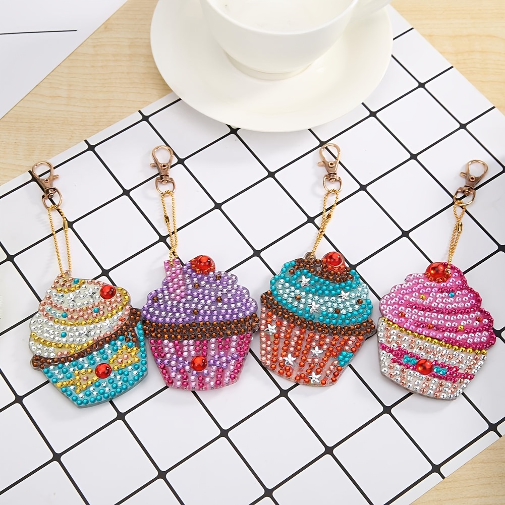 Image of 4 Pack Cupcake Diamond Painting Keychain Kit - Vibrant Double-sided Handmade Acrylic Pendant, Perfect For Holiday Decorations, Party Gifts, And Backpack Additions, Kit