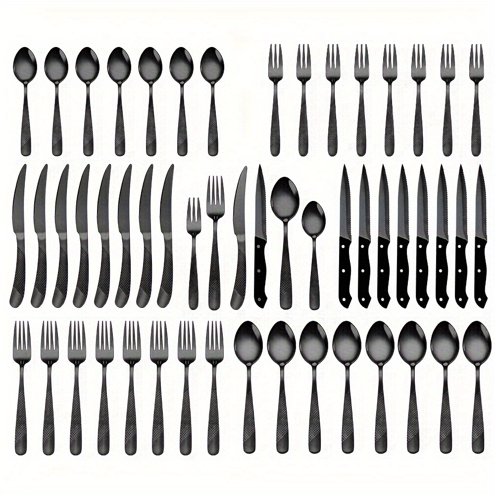 

48pcs Black Stainless Steel Western Knife, Fork And Spoon Set, Hotel Stainless Steel Modern Silverware Set With Steak Knife, Packaging, Mirror Polished, Suitable For Celebrations, Banquets, Weddings