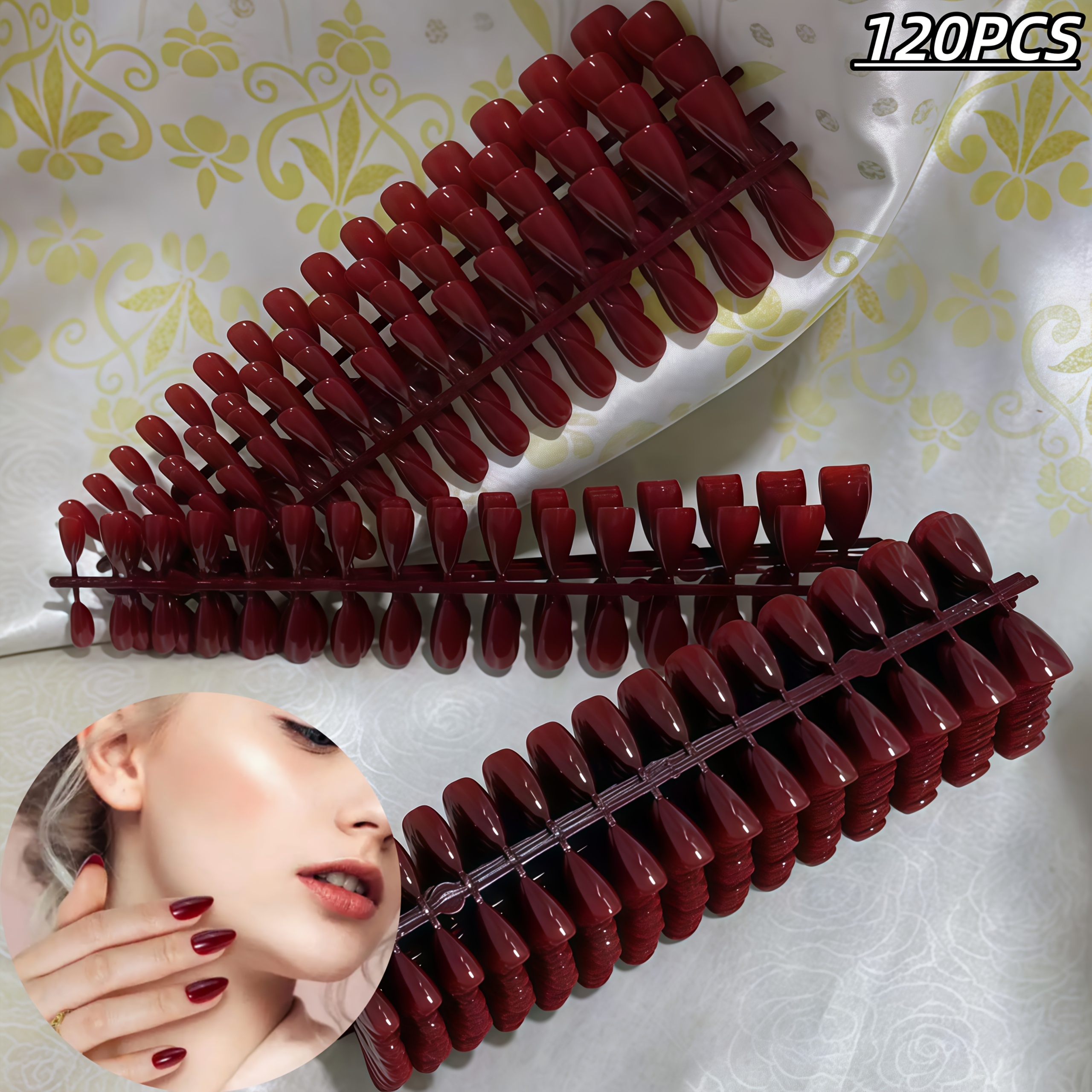 TEMU 120 stuks Diepe Bourgondische Temperament Fashion Korte Amandelvormige Nagels, Makkelijk te Plaatsen en Herbruikbare Nagelpatches, Geschikt voor