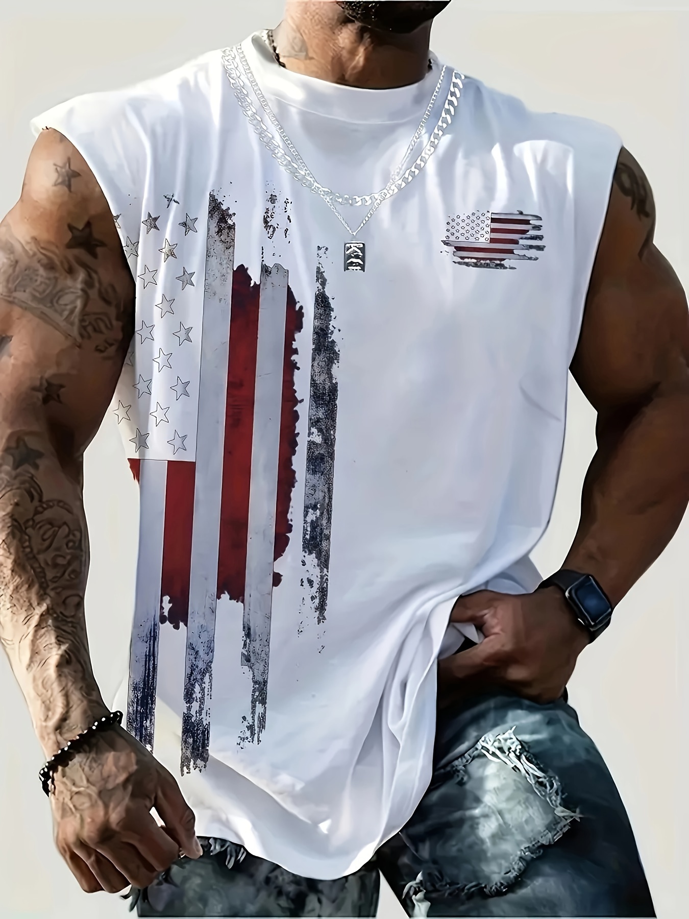 Men's Oversized Patriotic Print Sleeveless T-Shirt - Comfortable & Breathable Summer Fitness Training Vest, 95% Polyester with Spandex, Machine Washable, Regular Fit for Men & Teens, Basketball Training Gear | Casual Style Vest | Polyester Spandex Blend, PLUS SIZE