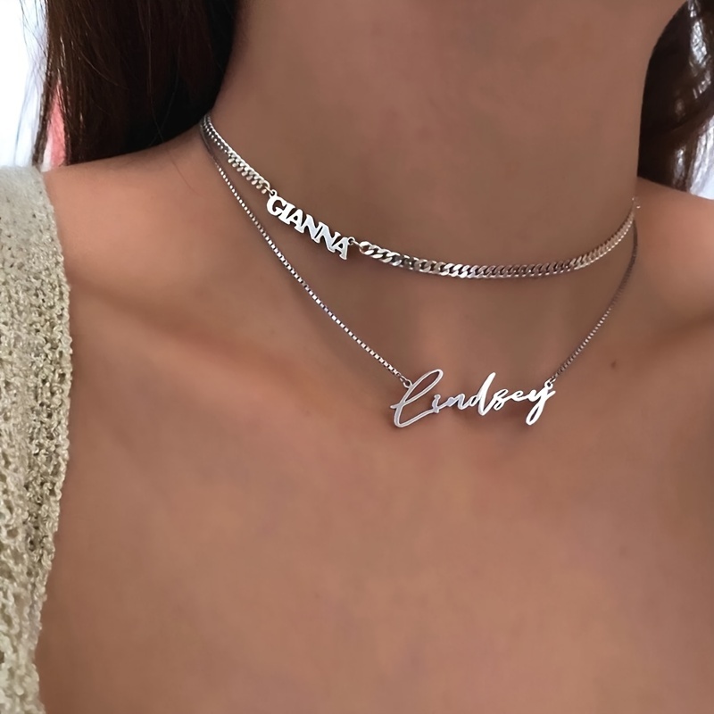 

Classic & Simply Style, Silvery Customized Layered Name Necklace, Dual Name Necklace, Personality Gift For Mom, Exquisite Name Jewelry, Creative Delicate Name Necklace, Gift For Her