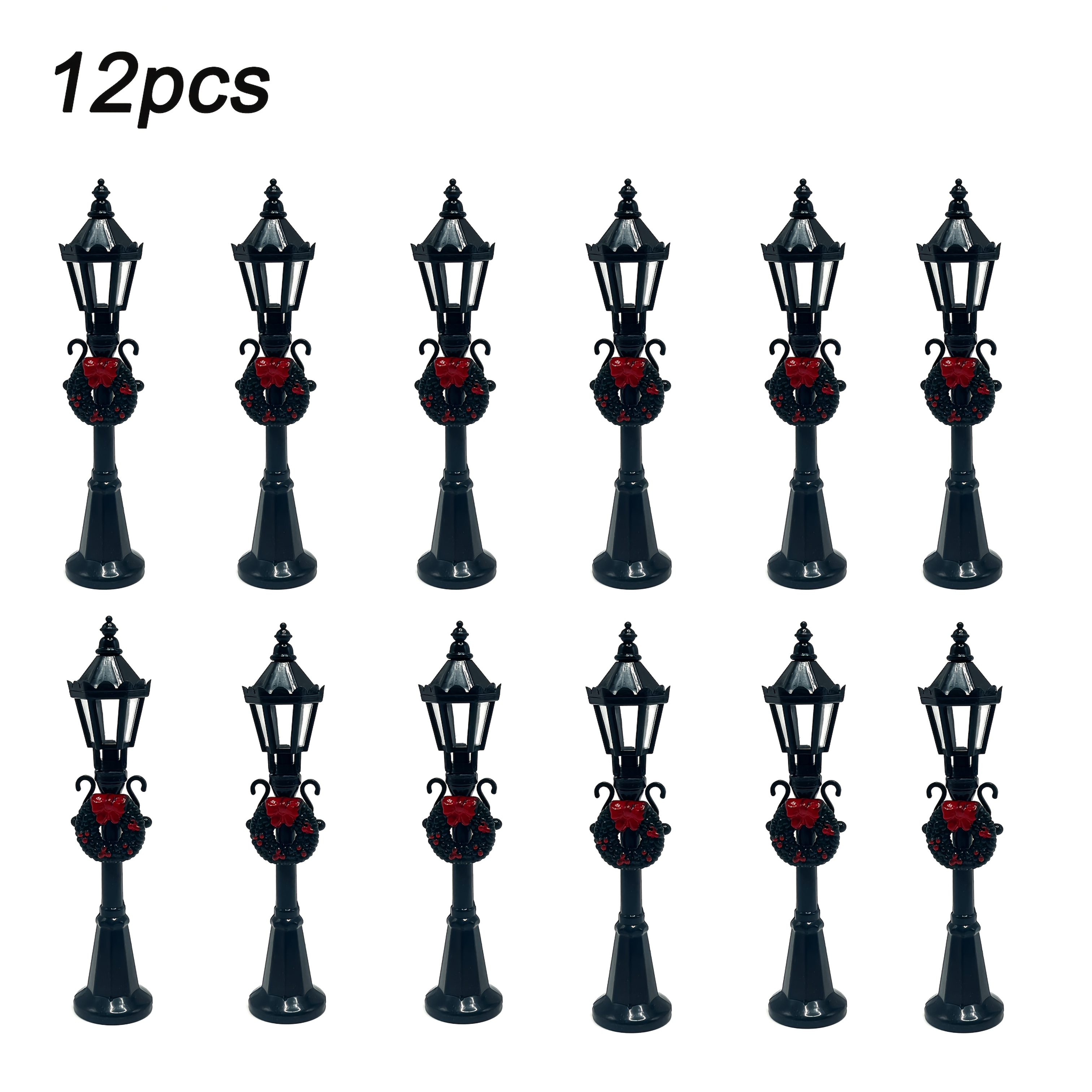 TEMU New 12pcs Set Medium Vintage Black Holiday Street Lamp With Festive Wreath, Decorative Seasonal Collectible Figurines, Non-lighting, Holiday