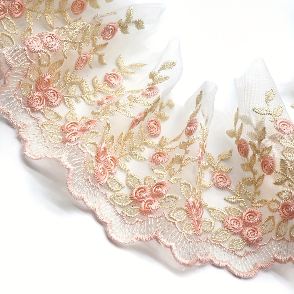 1 Yard Light Pink Water Soluble Floral Leaf Pattern Embroidered Lace Trim Clothing Decoration Accessory