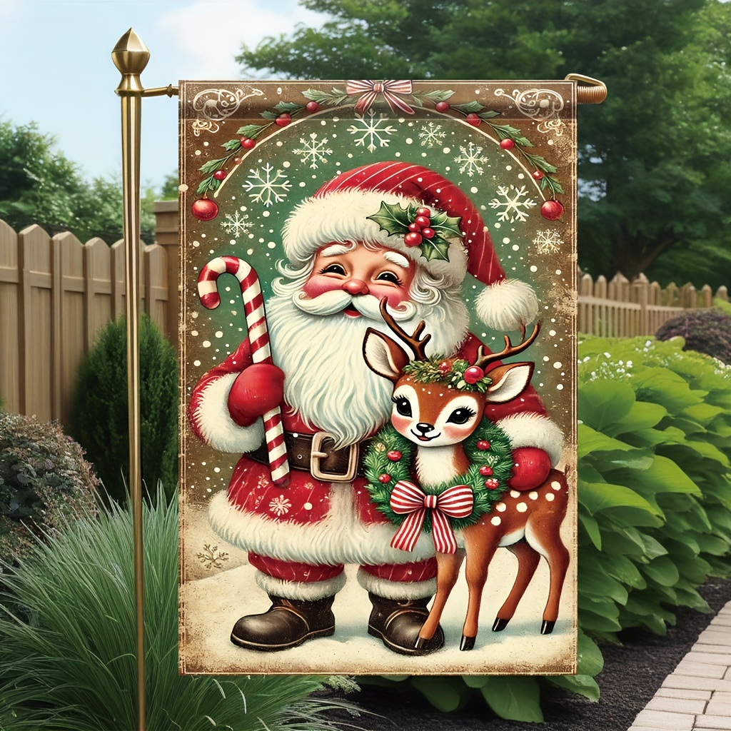 

Santa & Reindeer Welcome Garden Flag - Polyester Double-sided Christmas Lawn Banner, 18x12 Inch, Festive Holiday Home & Garden Decor, No Flagpole (1 Pc)