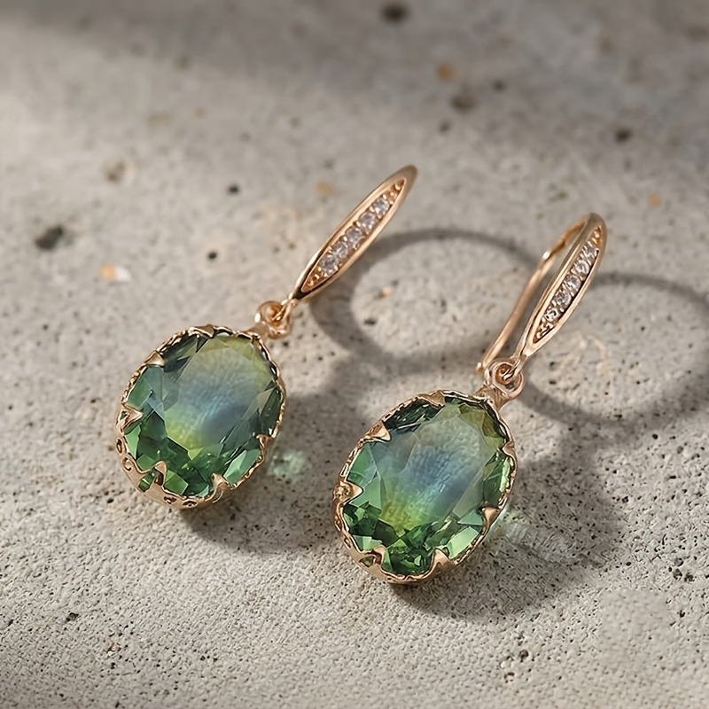 TEMU 1 Pair Of Vintage Gradient Green Synthetic Zirconia Ladies' Ear Hooks - Copper Material With Lace-style Bezel Setting - Featuring Vintage