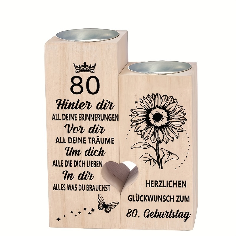 Image of 80th Birthday Wooden Candle Holder Set - Decor Gift With Sunflower & , Ideal For Christmas, Valentine's, Day