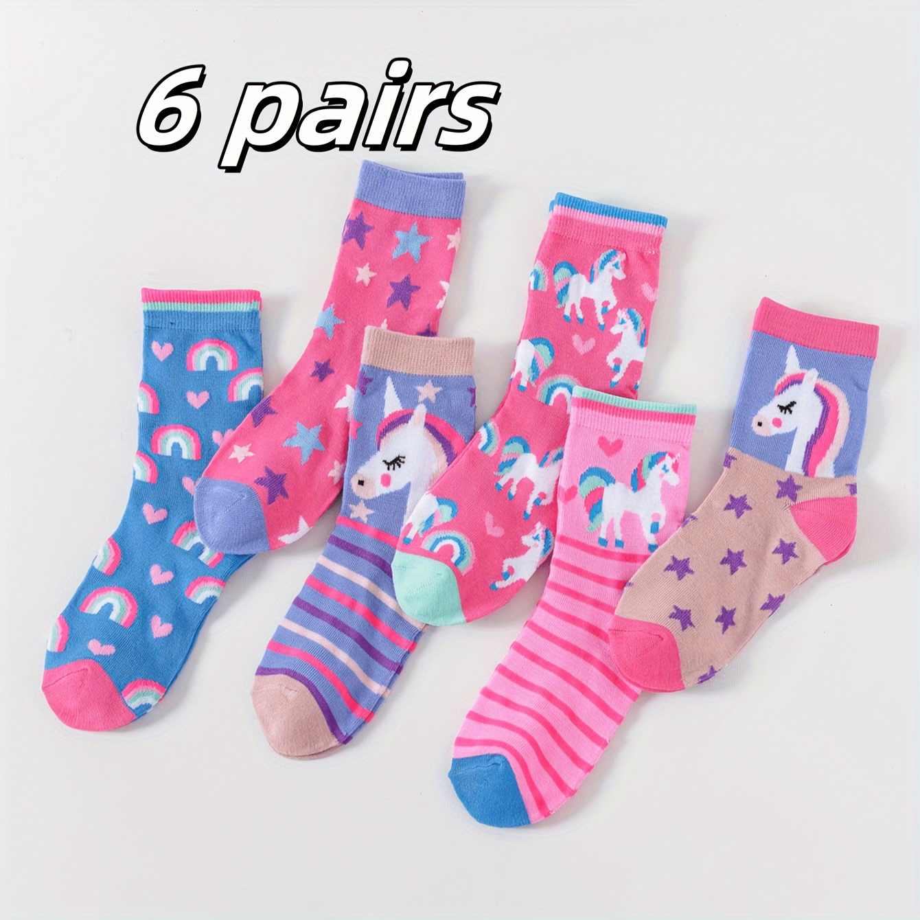 

Girls' Knee-high Socks 6-pack, Polyester And Spandex , Hand Wash Only, Cartoon Patterns, Comfort, Knit Fabric, Fits 3+, Pink And Rainbow-themed