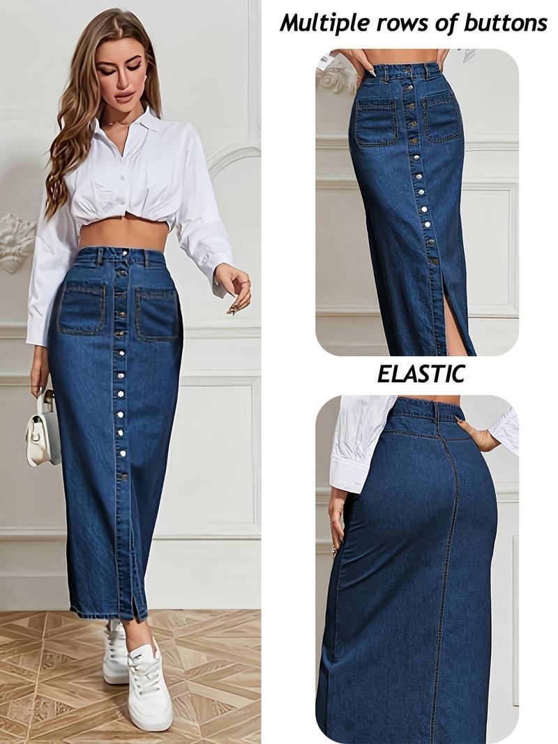 Jupe Jean Femme – Coupe Taille Haute, élastique, Style Décontracté Longueur Genou – Quatre Saisons