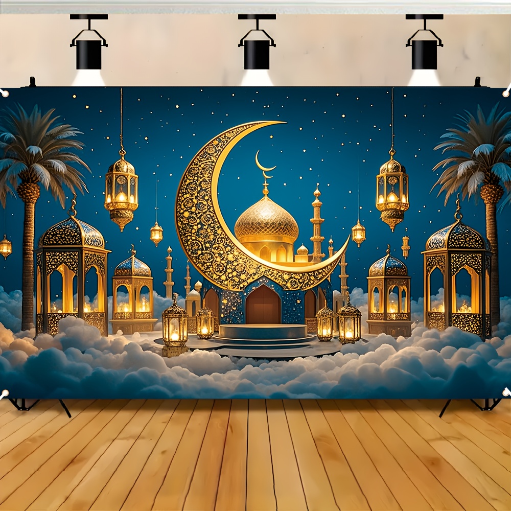 

1pc Ramadan Banner Decoration, Blue And Golden Polyester Curtain With Lantern, Moon, And Palm , " .3" Multipurpose Backdrop For Eid Al-fitr, No Electricity Needed