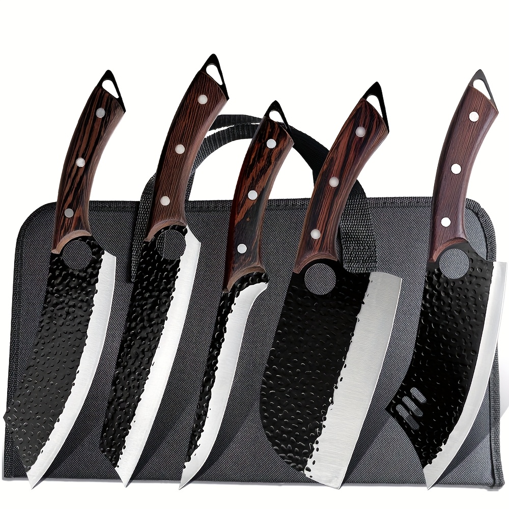 Set de 5 cuțite profesionale pentru bucătărie, Set de cuțite de bucătar, Cuțit de bucătar forjat manual, Perfect pentru cuțit de tăiat, Oțel inoxidabil 7Cr17Mov, Cuțit ascuțit cu mâner din lemn, Include geantă de transport pentru bucătărie