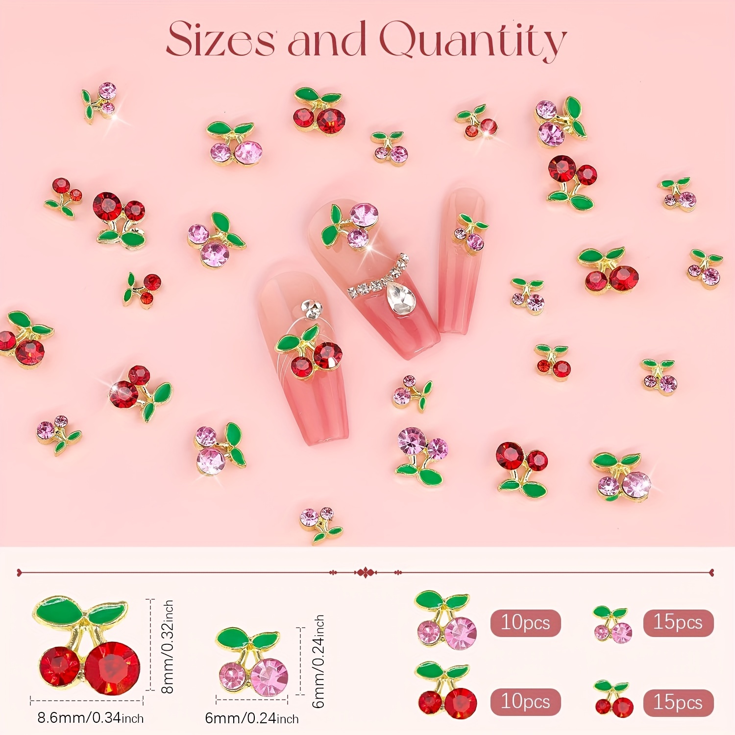TEMU 180pcs 2 Sizes 3d Cherry Nail Charms, Pink + Red Shiny Cute Fruit Luxury Gems, Crystal Diamond Jewels Studs With Rhinestones For Nail Design, Nail Art Decoration Set For Acrylic Nails