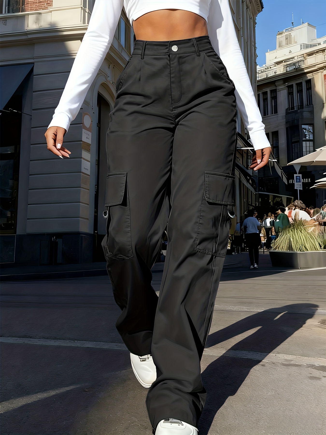 Nuevos Pantalones Cargo de Pierna Recta para Mujer, Cintura Alta, Ajuste Holgado, Estilo Adelgazante, Pierna Ancha, Pantalones de Yoga con Bolsillos Inclinados y Solapas, Ideales para Primavera y Otoño, Ropa de Mujer