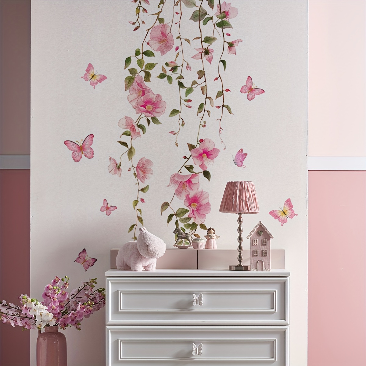 

1pc Pink Flower Vine And - Self-adhesive, Removable Pvc Floral Stickers For Living Room And Bedroom Decor 30x60cm