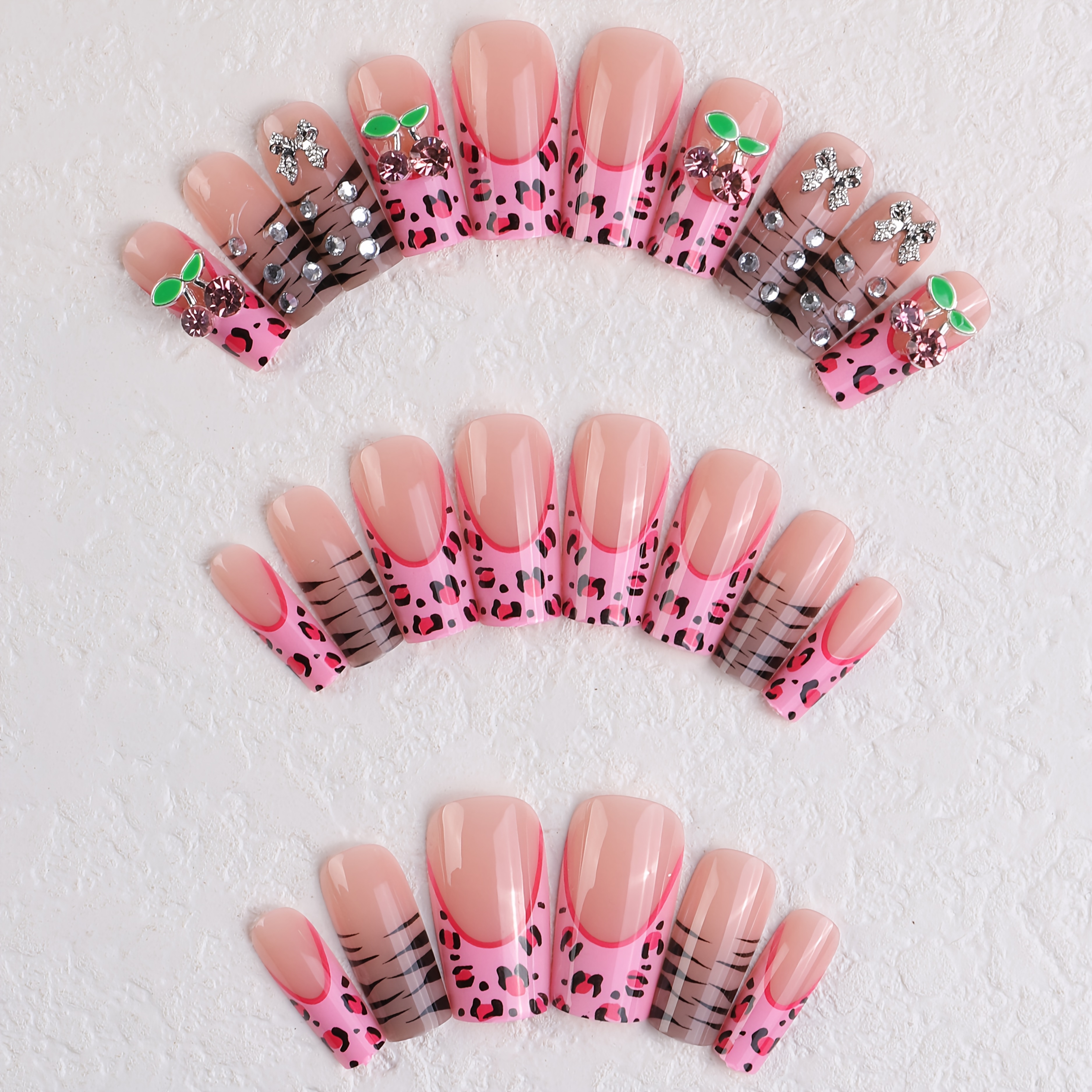 TEMU 24pcs Medium-sized Square Fake Nails With Animal Stripes, Zebra Patterns, Cherries, Bowknot Additions, Diamond Dots, Pink , Suitable For Women