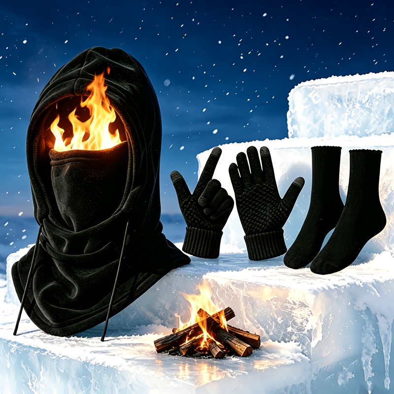 3pcs Winter Hat Hood Scarf Gloves Warm Socks Set