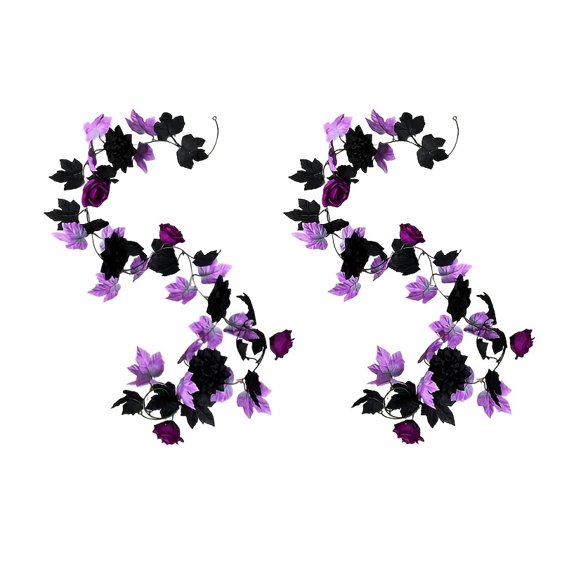 TEMU 2pcs Gothic Black And Purple Artificial Flower Vine Party Wreath, Featuring Of Black Double-petal Flowers, Deep Purple Roses, Light Purple , And