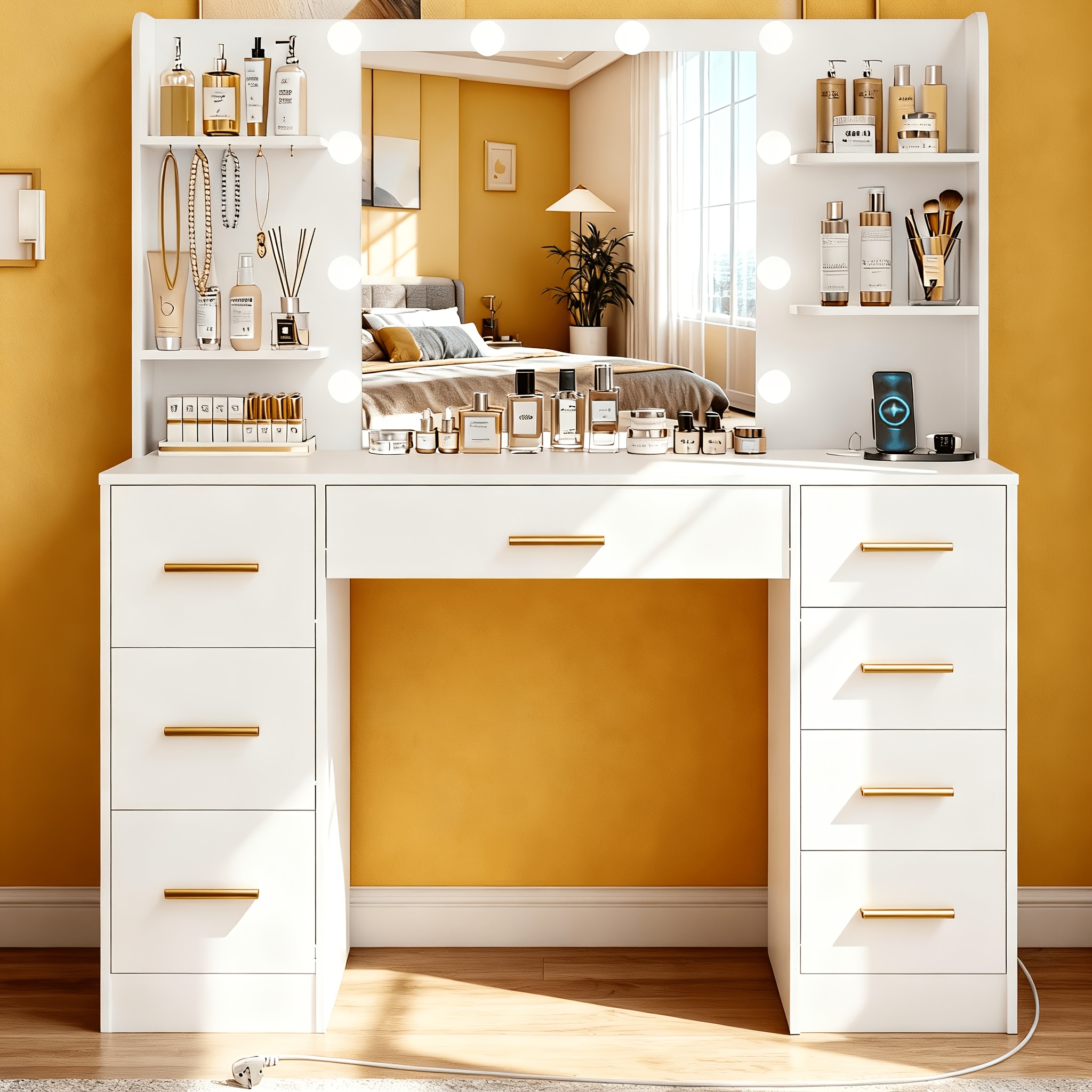 E-shop Großer Schminktisch mit LED-Beleuchtungsspiegel und Steckdose, Make-up Schminktisch mit 7 Schubladen, 4 Ablagen und 5 Haken, Schminktisch,