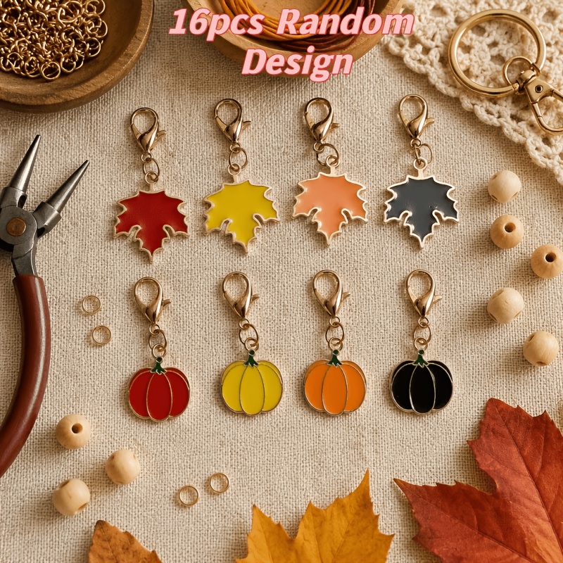 TEMU 16pcs Random Styles Maple Leaf Pumpkin Halloween Thanksgiving Key Chain Set Seasonal Autumn Scene Celebration Thank You Gift - Rustic Maple Leaf