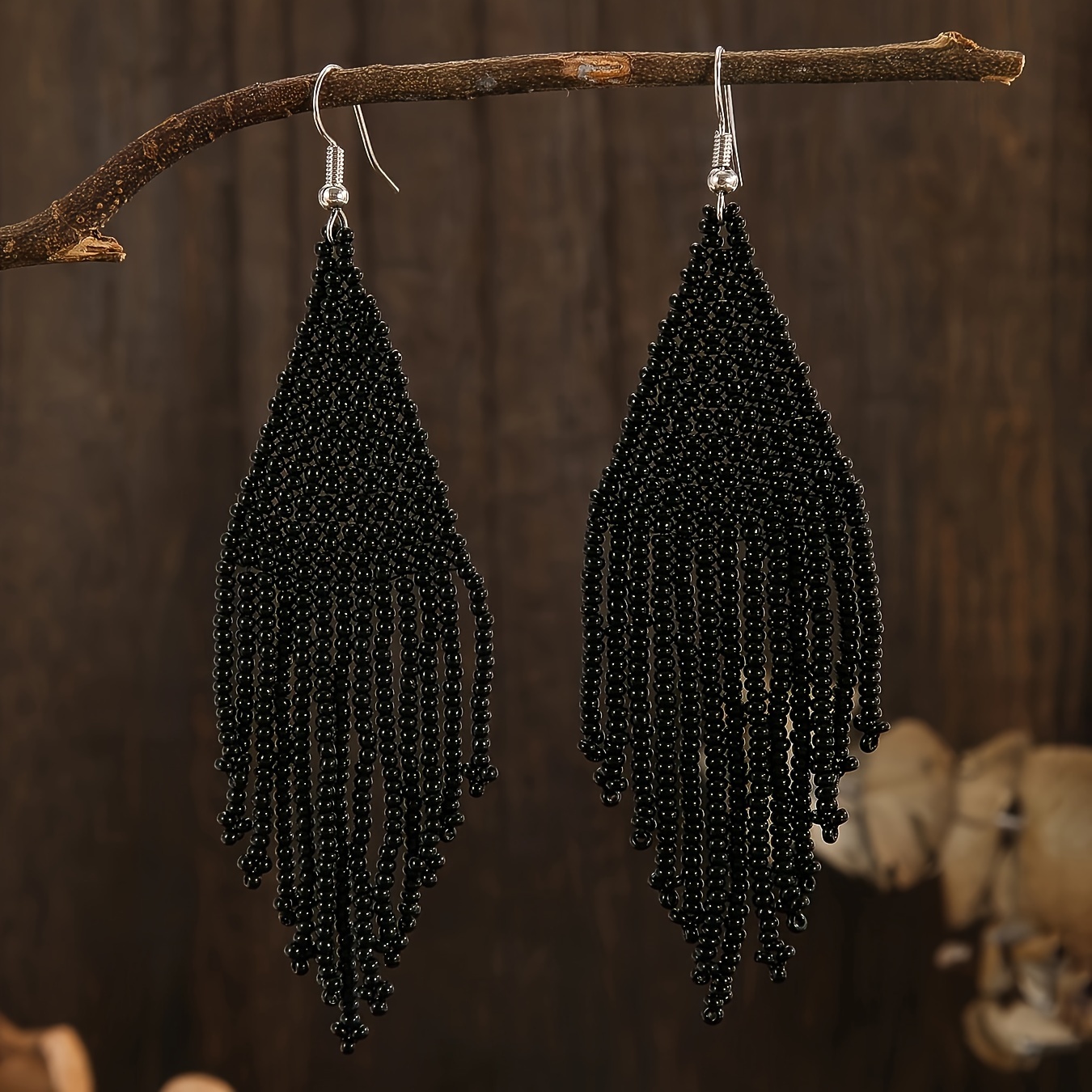 TEMU Boho-chic Black Beaded Tassel Earrings - Handcrafted Glass Rice Beads, Vintage Style For Casual Attire & Gifting